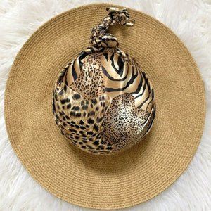 Woven Straw Hat with Animal Print Scarf